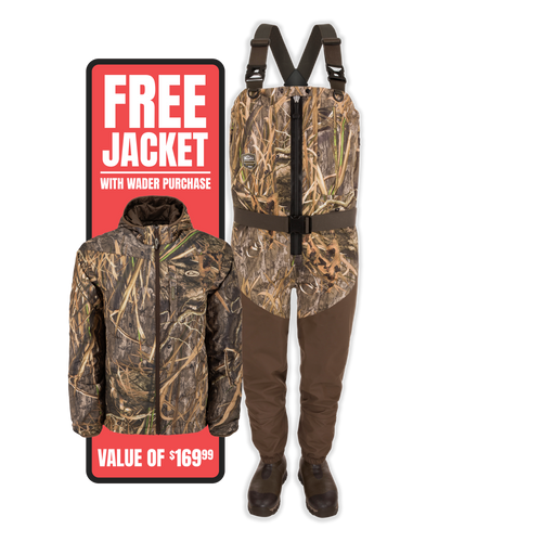 Uninsulated Guardian Elite HND Front Zip Waders featuring camouflage pattern, durable boots, and X-Crossing-Back Shoulder Straps, designed for comfort and protection during hunting.