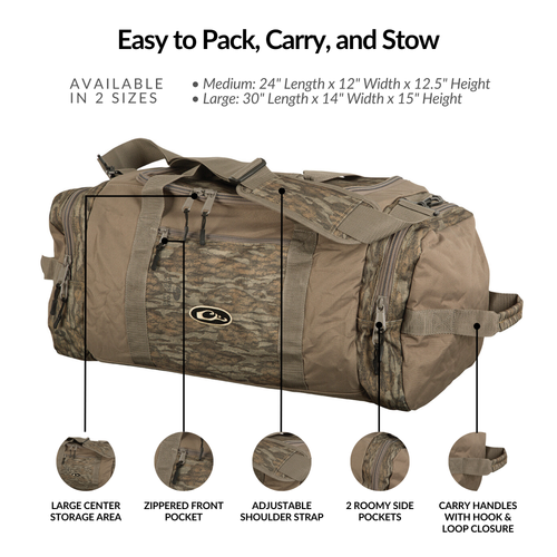 Duffle Bag featuring different strap sizes, camouflage pattern, and durable zippers, ideal for hunting trips with spacious compartments and adjustable shoulder straps.