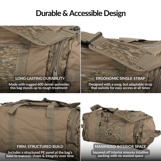 Collage of various Duffle Bags showcasing rugged design, large compartments, and durable features ideal for hunting and travel.