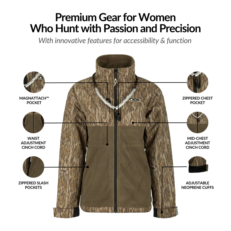 MST Women's Eqwader Full Zip Jacket featuring waterproof upper, breathable fleece lower, zipper, and logo detail, ideal for enhanced comfort in waterfowl hunting conditions.