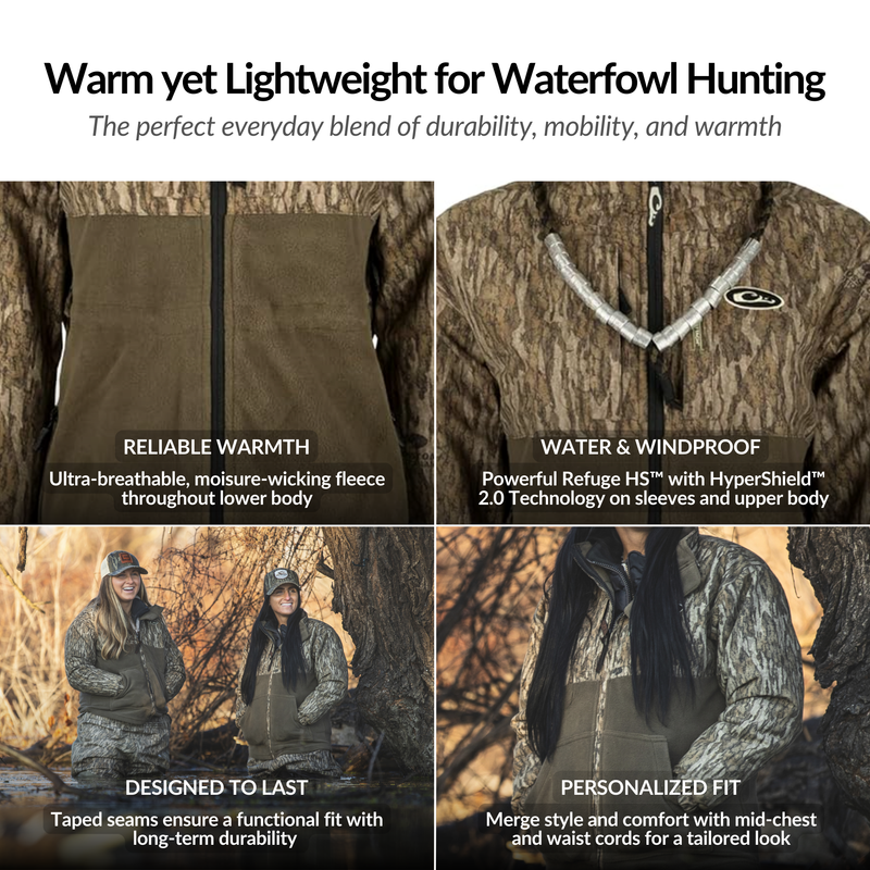 MST Women's Eqwader Full Zip Jacket featuring camouflage design, highlighting waterproof sleeves, breathable fleece body, and functional chest pockets for enhanced hunting comfort.