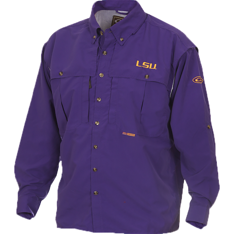 LSU Wingshooter's Shirt L/S featuring long sleeves, front and back ventilation, oversized chest pockets, and a seven-button design, ideal for warm-weather hunting.