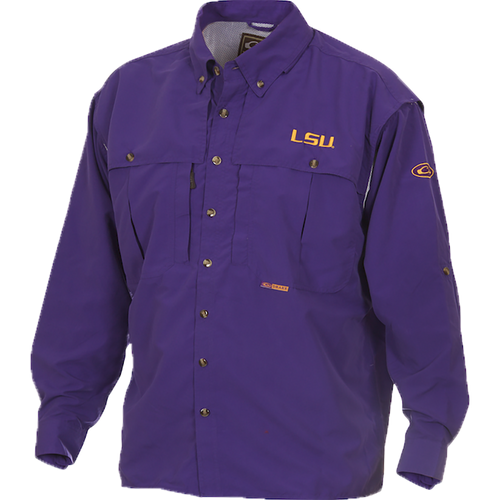 LSU Wingshooter's Shirt L/S featuring long sleeves, front and back ventilation, oversized chest pockets, and a seven-button design, ideal for warm-weather hunting.