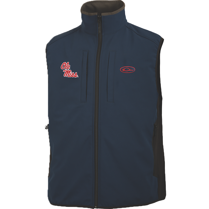 Ole Miss Windproof Tech Vest featuring vertical zippered chest pocket, Magnattach chest pocket, lower zippered pockets, side stretch panels, and bonded fleece lining.