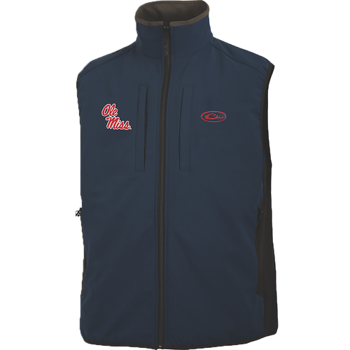 Ole Miss Windproof Tech Vest featuring vertical zippered chest pocket, Magnattach chest pocket, lower zippered pockets, side stretch panels, and bonded fleece lining.