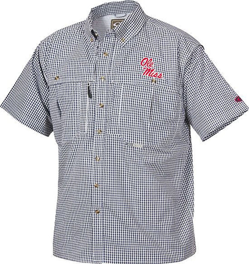 Ole Miss Plaid Wingshooter's Shirt Short Sleeve with logo, featuring front and back ventilation, mesh back, multiple chest pockets, and extended stand-up collar for sun protection.