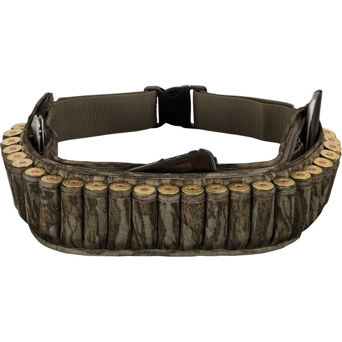 Neoprene Shell Belt with 25 shell loops, adjustable buckle, and top zipper for accessory storage. Designed for easy access to hunting gear.