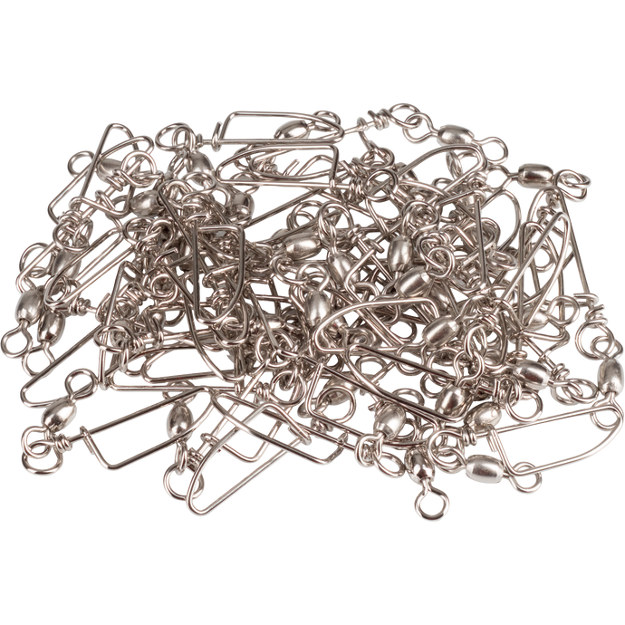 Texas Rig Snap Swivels - 48 Pack, shown as a pile of metal safety pins. Ideal for secure fishing rig setups.