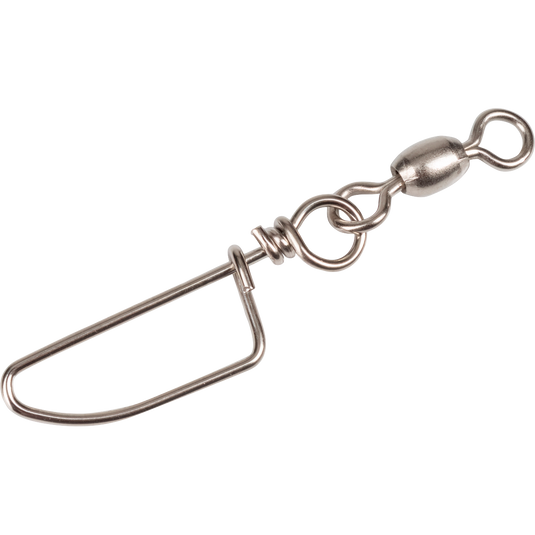 Close-up of Texas Rig Snap Swivels - 48 Pack, showing sturdy metal hooks and rings designed for secure attachment in hunting and fishing applications.