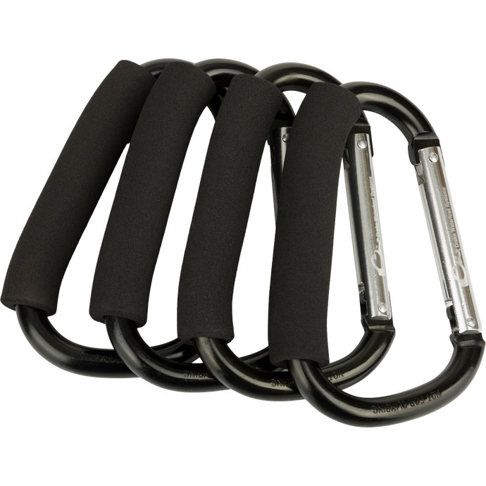 Texas Rig Carabiners - 4 Pack: Durable metal carabiners with padded grips, shown in a close-up view highlighting their sturdy construction and sleek design.