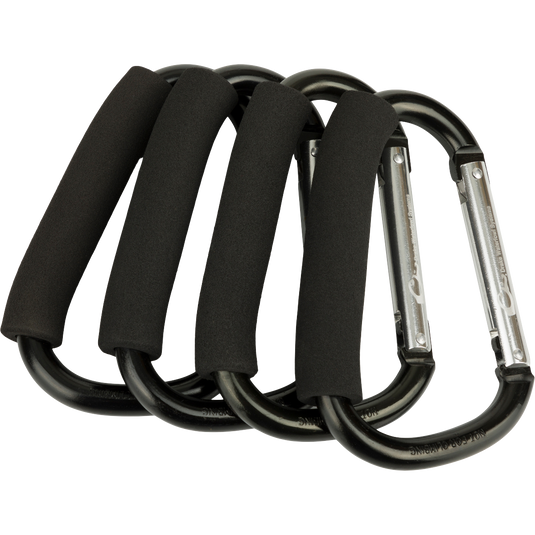 Texas Rig Carabiners - 4 Pack: Durable metal carabiners with padded grips, shown in a close-up view highlighting their sturdy construction and sleek design.