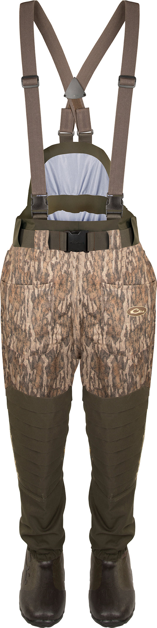 Guardian Elite™ 6-Layer 4-in-1 Waist-High Wader with Tear-Away Liner, featuring camouflage shorts with a belt, designed for versatile hunting and fishing conditions.