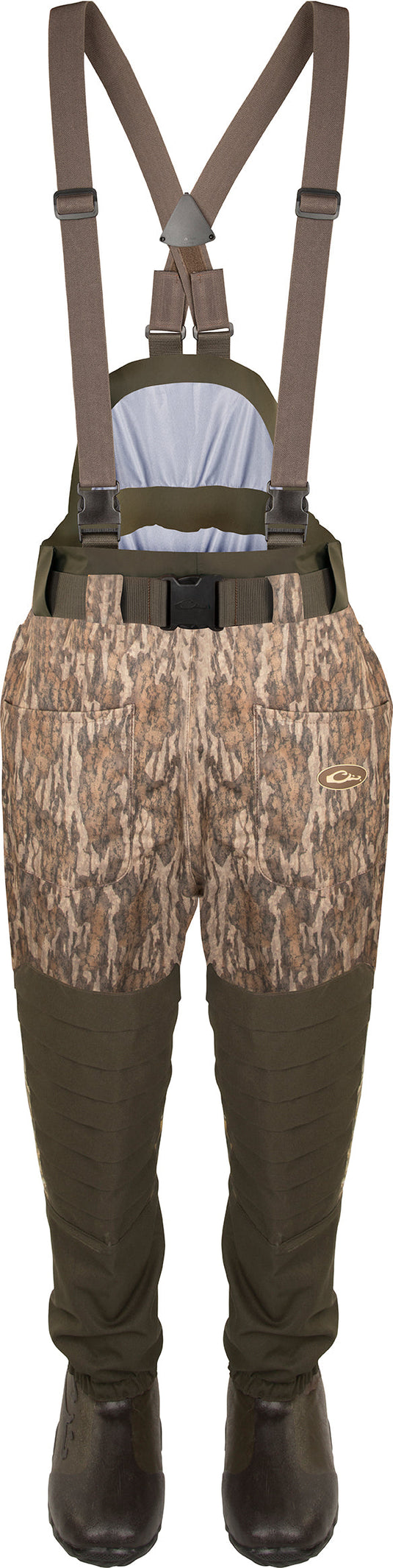 Guardian Elite™ 6 Layer 4-in-1 Waist-High Wader with Tear-Away Liner [Stout], featuring camouflage shorts with belt, shown with protective camo bib and reinforced boots.