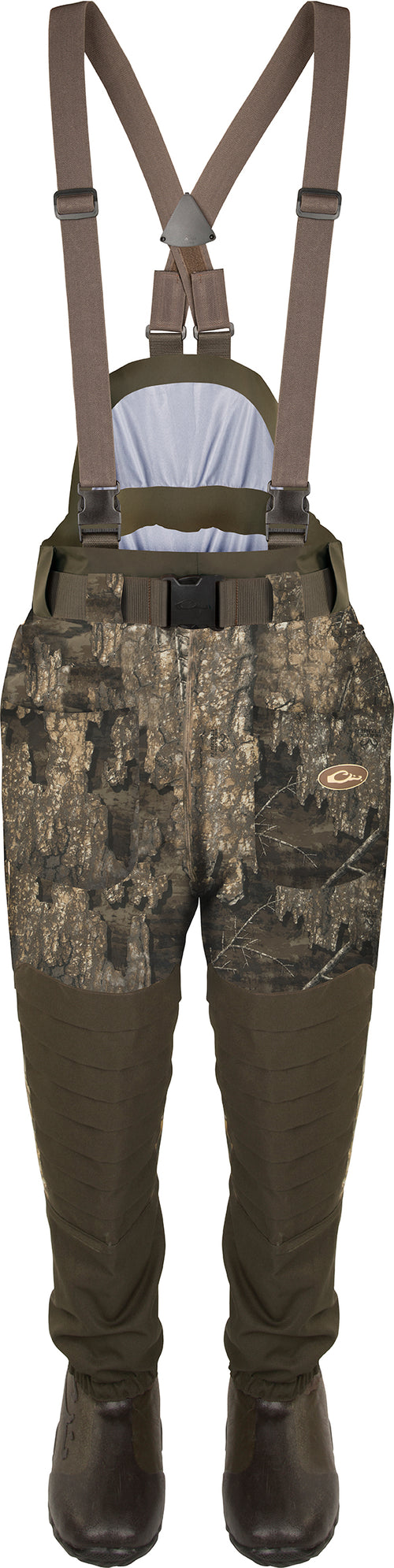 Guardian Elite™ 6-Layer 4-in-1 Waist-High Wader with Tear-Away Liner, featuring camo shorts and advanced insulation, designed for versatile hunting and fishing conditions.