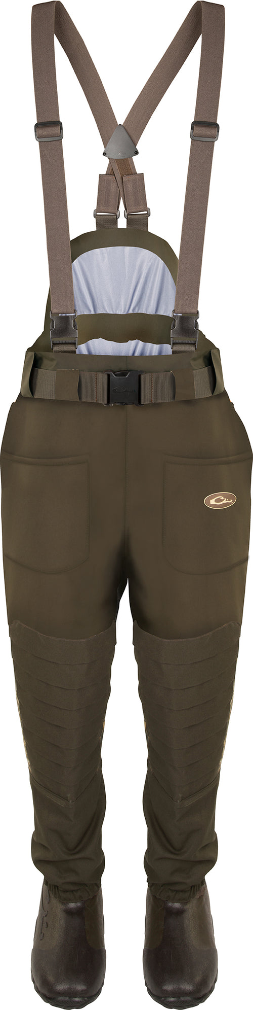 Guardian Elite™ 6-Layer 4-in-1 Waist-High Wader with Tear-Away Liner featuring a belt and multiple pockets for duck hunting and fishing.