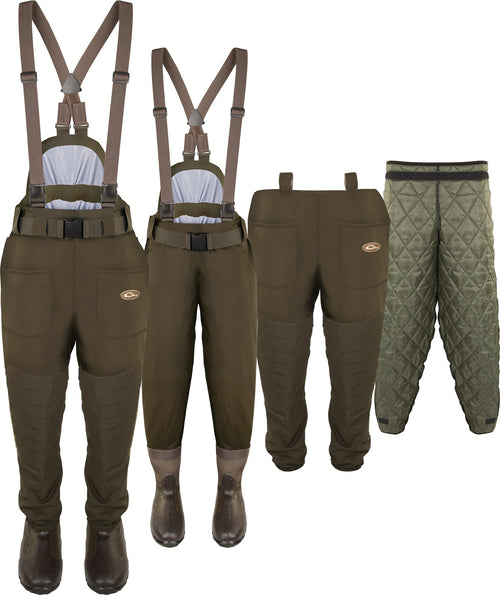 Group of Guardian Elite™ 6 Layer 4-in-1 Waist-High Wader with Tear-Away Liner [Stout], showing various configurations and close-ups of features like pockets and suspenders.