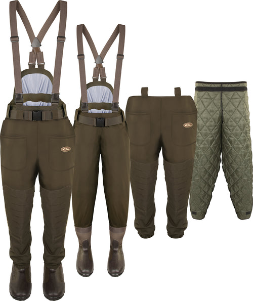 Guardian Elite™ 6-Layer 4-in-1 Waist-High Wader with Tear-Away Liner displayed with pants, suspenders, boots, and close-up details of pockets and belt.