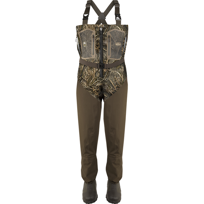 Front Zip Guardian Elite 4-Layer Wader with Tear-Away Liner featuring a robust waterproof zipper and durable boots, designed for optimal comfort and functionality during hunts.