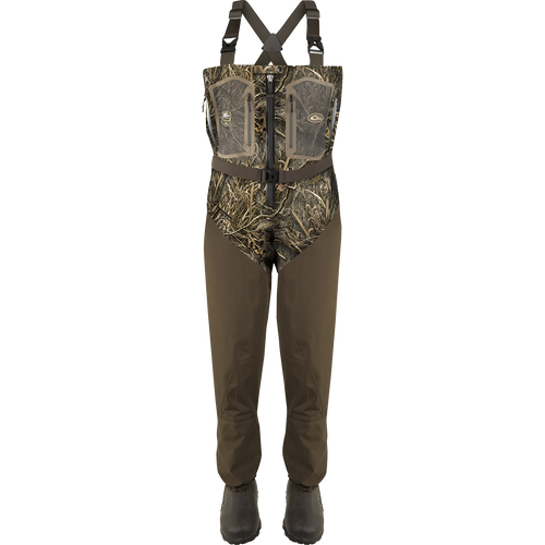 Front Zip Guardian Elite 4-Layer Wader with Tear-Away Liner featuring a robust waterproof zipper and durable boots, designed for optimal comfort and functionality during hunts.