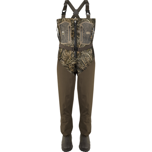 Front Zip Guardian Elite 4-Layer Wader with Tear-Away Liner featuring a robust waterproof zipper and durable boots, designed for optimal comfort and functionality during hunts.