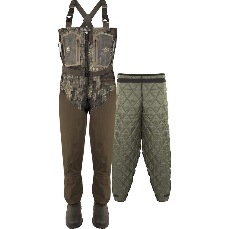 Front Zip Guardian Elite 4-Layer Wader w/ Tear-Away Liner [Stout] featuring a robust TIZIP® MasterSeal 10 waterproof zipper and Thinsulate Buckshot Mudder Boots.