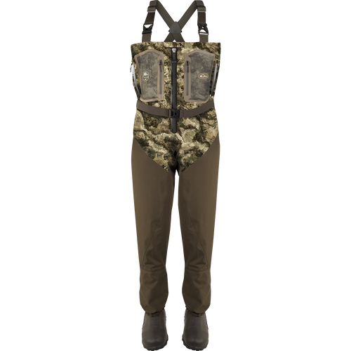 Front Zip Guardian Elite 4-Layer Wader w/ Tear-Away Liner [Stout] featuring camouflage overalls, black zipper, and robust boots with black soles.