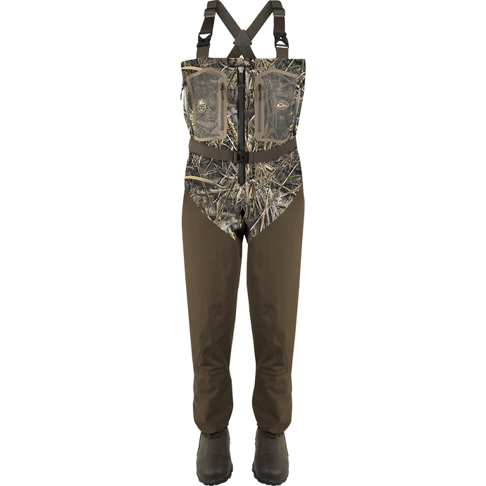 Front Zip Guardian Elite 4-Layer Wader w/ Tear-Away Liner [Stout] featuring durable TIZIP® MasterSeal 10 zipper, tear-away insulated liner, and reinforced seams for high-performance hunting.