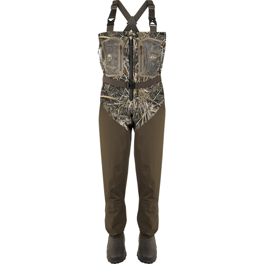 Front Zip Guardian Elite 4-Layer Wader w/ Tear-Away Liner [Stout] featuring durable TIZIP® MasterSeal 10 zipper, tear-away insulated liner, and reinforced seams for high-performance hunting.