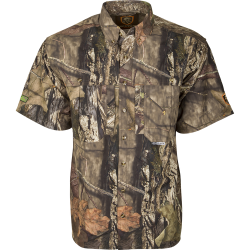 Dura-Lite Shirt S/S with Agion Active XL featuring camouflage pattern, vertical chest pockets, and front/back heat vents for superior breathability and comfort during warm-weather hunts.