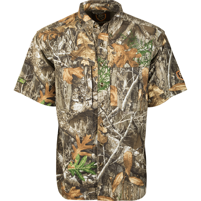 Dura-Lite™ Shirt S/S with Agion Active XL®, featuring camouflage design with leaf patterns, heat vents for breathability, and multiple chest pockets for storage.