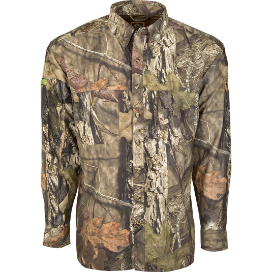 Mesh Back Flyweight™ Shirt L/S with Agion Active XL, featuring a camouflage pattern, long sleeves, mesh back, and side panels for breathability, ideal for warm weather hunts.