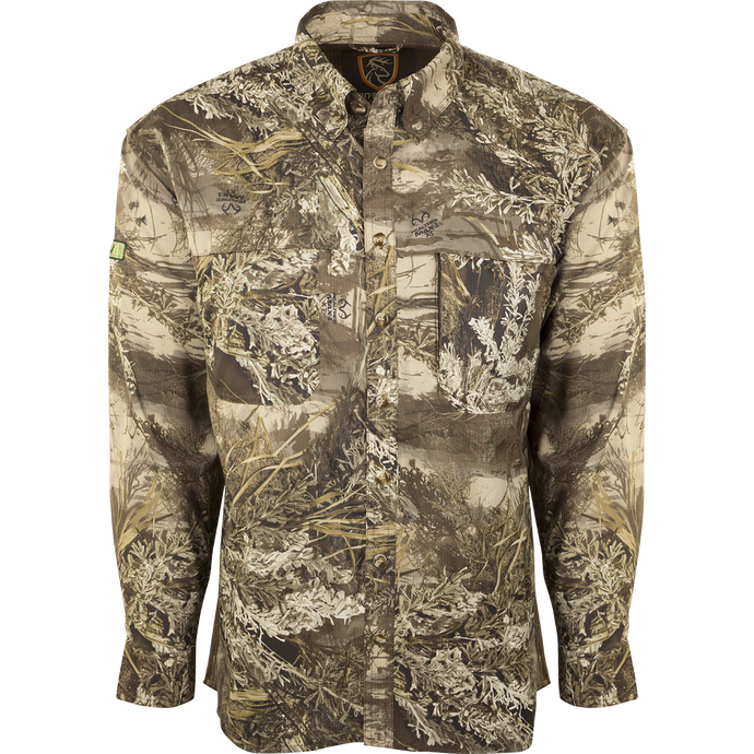 Mesh Back Flyweight™ Shirt L/S with Agion Active XL, featuring a camouflage pattern, long sleeves, mesh back panels, and zippered chest pocket for warm weather hunts.
