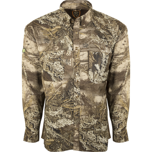 Mesh Back Flyweight™ Shirt L/S with Agion Active XL, featuring a camouflage pattern, long sleeves, mesh back panels, and zippered chest pocket for warm weather hunts.