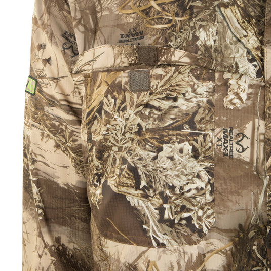 Close-up of the Mesh Back Flyweight™ Shirt L/S with Agion Active XL, showcasing camouflage pattern, lightweight fabric, and mesh back panels for breathability and moisture management.