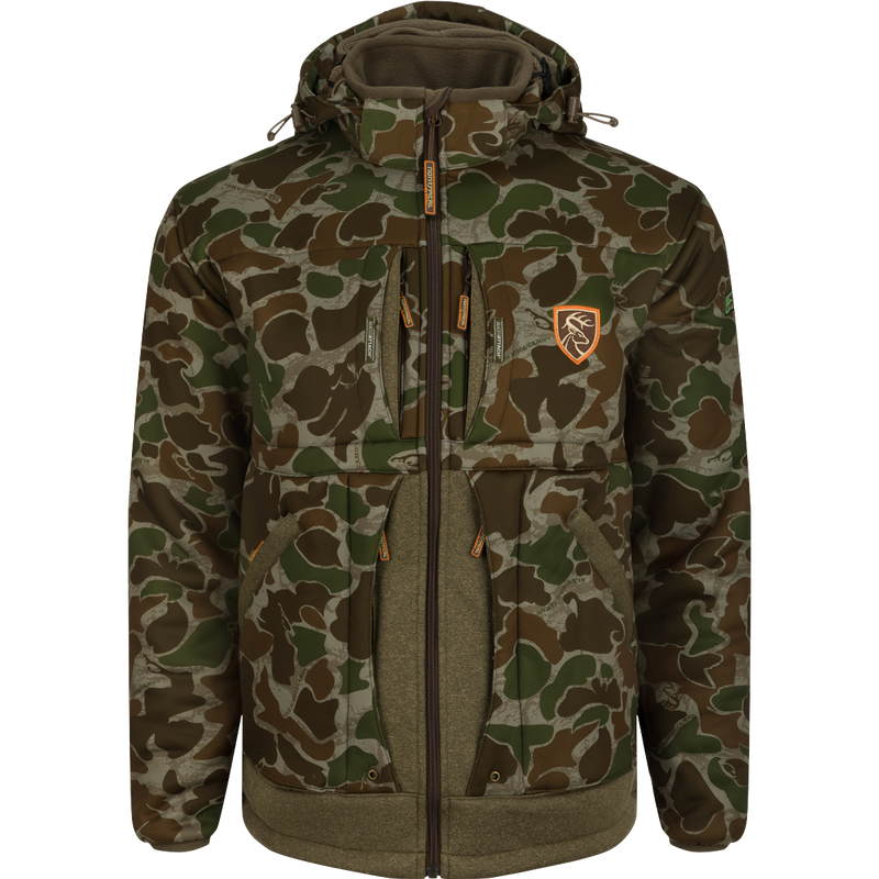 Women’s Stand Hunter's Silencer Jacket with Agion Active XL, featuring camouflage pattern, multiple pockets, zipper, and deer logo patch, ideal for late-season hunting.