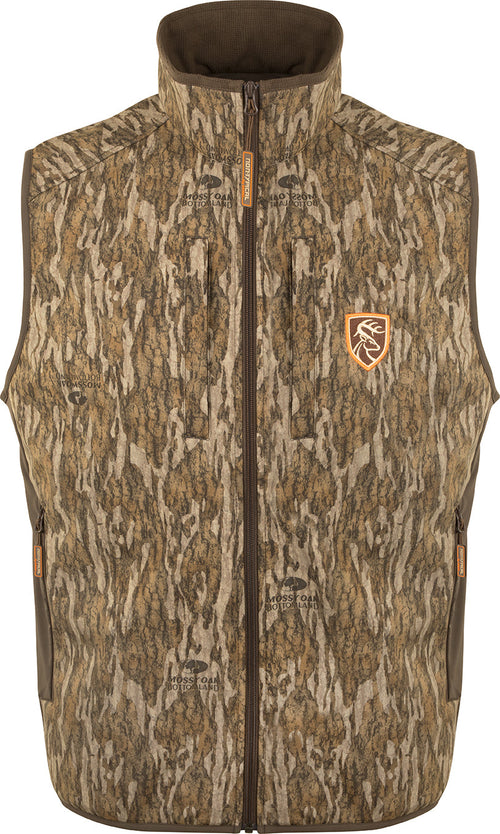 Camo Tech Vest with Agion Active XL, featuring a tree pattern and deer logo, with multiple chest pockets and a windproof, fleece-lined interior.