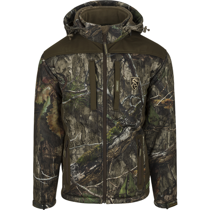 Standstill Windproof Jacket with Agion Active XL™, featuring a camouflage pattern and a logo of a deer. Perfect for late season hunting, this heavy-weight jacket is incredibly soft, quiet, and durable, providing protection against the harsh cold and winds.