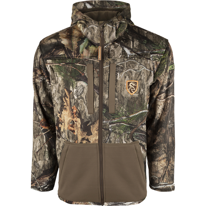 Endurance Full Zip Jacket w/Hood - Mossy Oak Country DNA, featuring a camouflage pattern, full zip, adjustable hood, vertical chest pockets, and lower zippered pouch pockets.