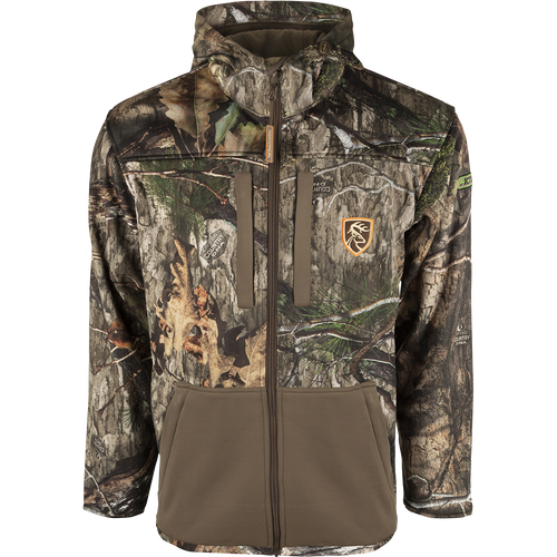 Endurance Full Zip Jacket w/Hood - Mossy Oak Country DNA, featuring a camouflage pattern, full zip, adjustable hood, vertical chest pockets, and lower zippered pouch pockets.