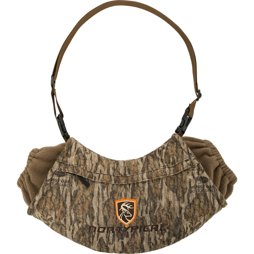 Handwarmer Muff with Agion Active XL, camouflage design, featuring a deer logo, front storage pocket, waterproof touch screen pouch, and quick-release waist belt.