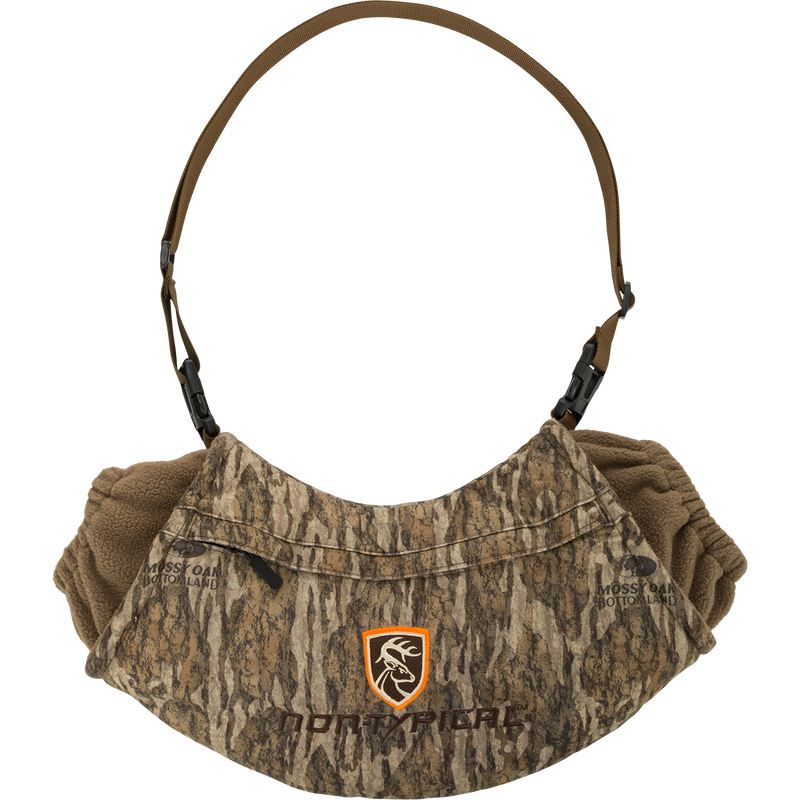 Handwarmer Muff with Agion Active XL, camouflage design, featuring a deer logo, front storage pocket, waterproof touch screen pouch, and quick-release waist belt.