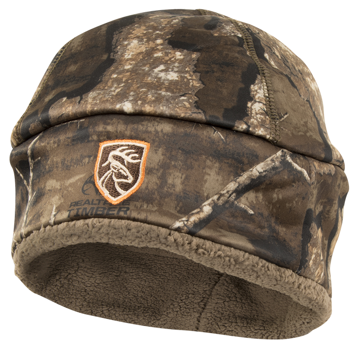 Youth Non-Typical Silencer Sherpa Fleece Beanie with Agion Active XL, featuring a camouflage design and embroidered logo, designed for warmth and scent control during hunting.