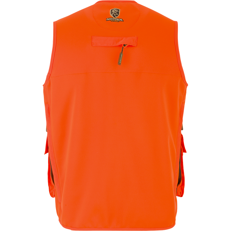 Blaze Orange Vest with Scent Control featuring chest pockets, game bag, and fleece-lined hand-warmer pockets for hunting.