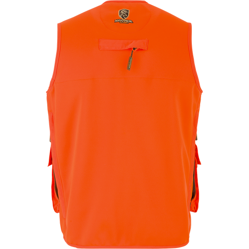 Blaze Orange Vest with Scent Control featuring chest pockets, game bag, and fleece-lined hand-warmer pockets for hunting.