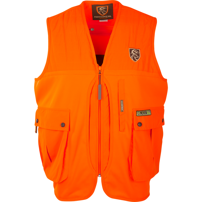 Blaze Orange Vest with Scent Control featuring multiple storage pockets, including a front-load game bag, vertical chest pockets, and fleece-lined hand warmer pockets.