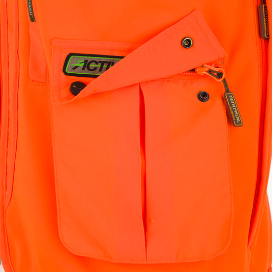 Blaze Orange Vest with Scent Control featuring multiple storage pockets, including vertical chest pockets, a front-load game bag, and fleece-lined hand-warmer pockets.