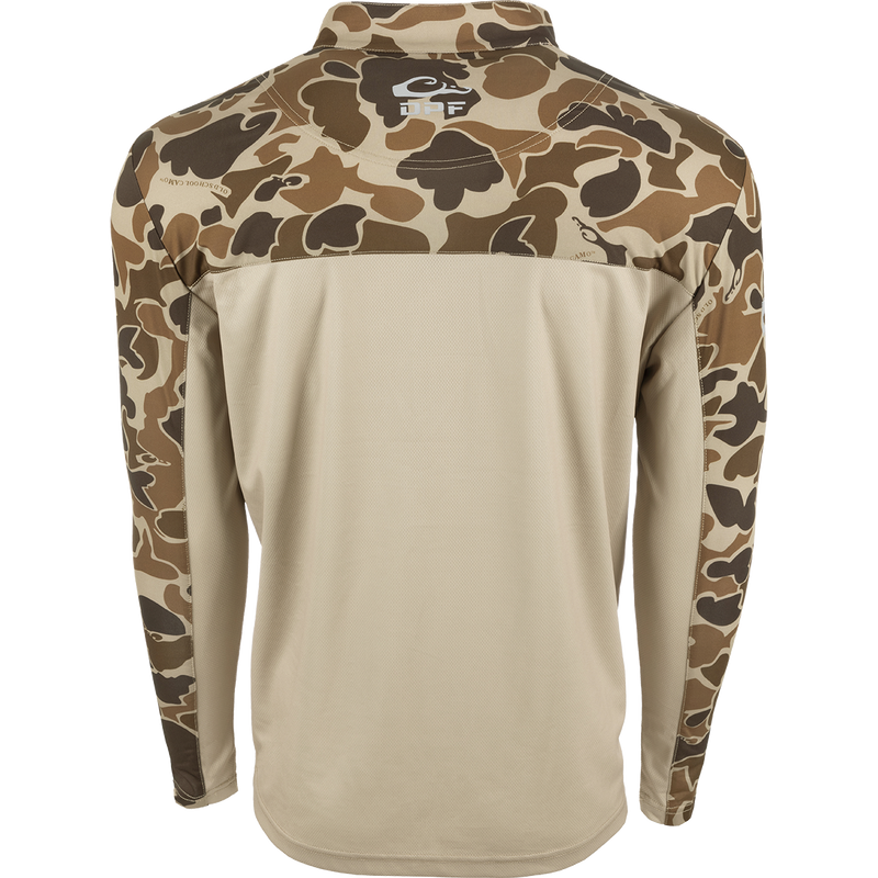 Shield 4 Arched Mesh Back 1/4 Zip L/S - Old School, featuring camouflage pattern, long sleeves, and breathable mesh back and underarms for optimal sun protection and comfort.