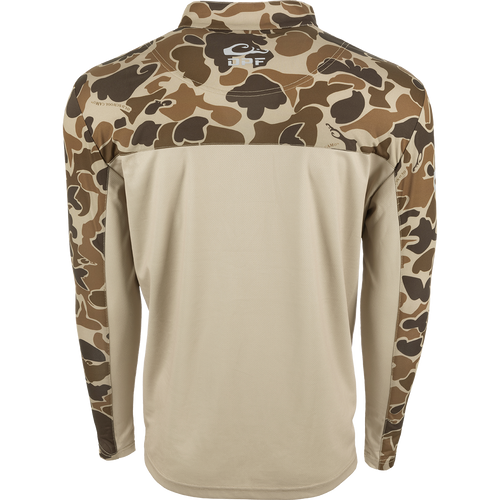 Shield 4 Arched Mesh Back 1/4 Zip L/S - Old School, featuring camouflage pattern, long sleeves, and breathable mesh back and underarms for optimal sun protection and comfort.