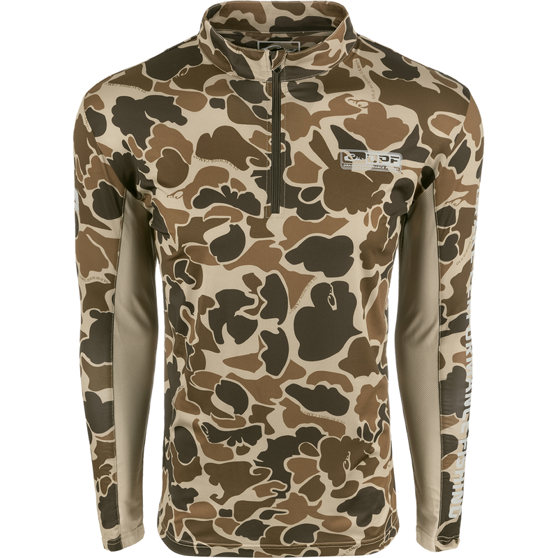 Camouflage Shield 4 Arched Mesh Back 1/4 Zip L/S with breathable mesh back and underarms, designed for all-day fishing trips.