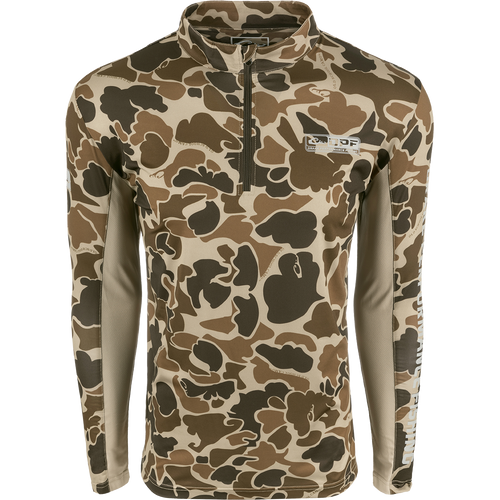 Camouflage Shield 4 Arched Mesh Back 1/4 Zip L/S with breathable mesh back and underarms, designed for all-day fishing trips.